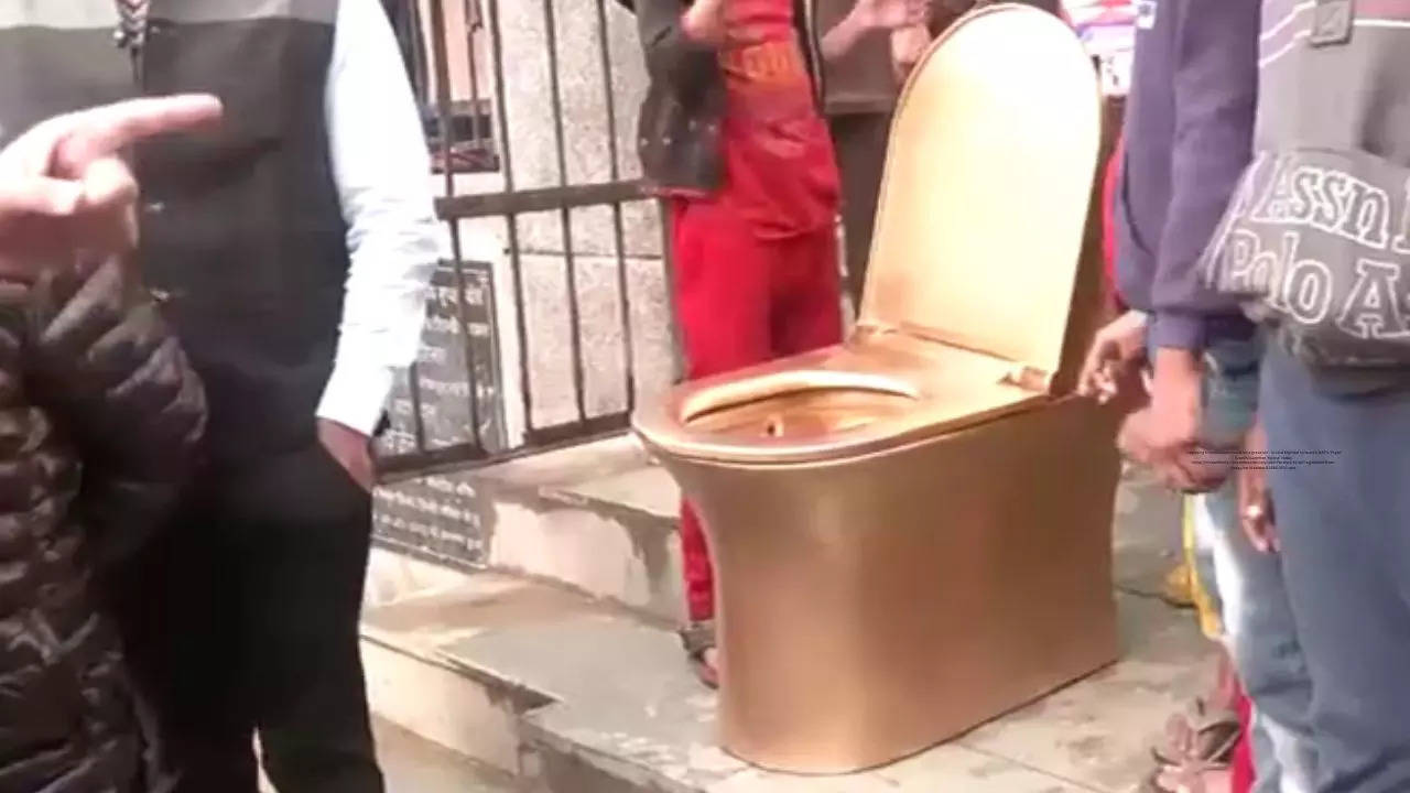 Watch: Delhi BJP leader protests against Kejriwal with ‘gold-plated toilet’