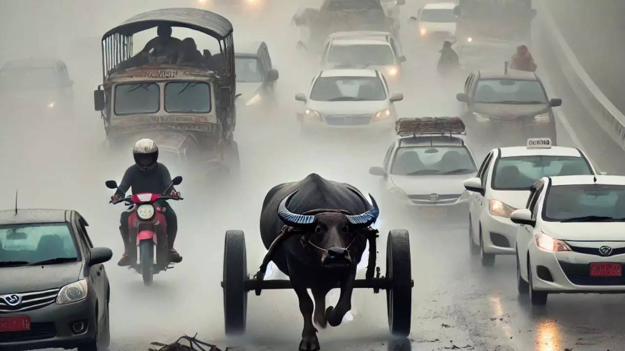 Buffalo cart race on UP highway disrupts traffic amid dense fog